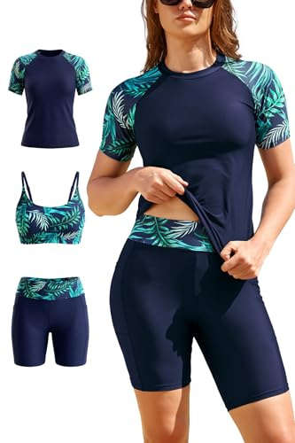 SHEKINI Womens 3-Piece Rash Guard Set Swimwear UPF50+ | UPF50+ Short Sleeve Swim Shirt, Removable Pads Bra, High Waist Boyshorts with Pockets, 82N 18E Quick Dry Swimsuit