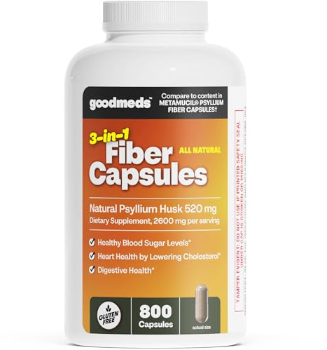GoodMeds Psyllium Husk Fiber 520mg Capsules Supplement Soluble Dietary Colon Support for Women and Men, Restore Digestive Regularity and Balance (800 Count)