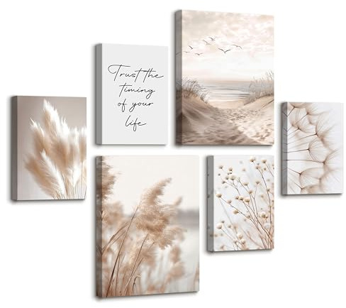 6 Sets of Beige Schilf Blumen Leinwandbilder mit Rahmen Ästhetik Sonne Meereslandschaft Bilder Natur Pflanzen Wandbilder Schlafzimmer Bild Auf Leinwand Kunstdruck Deko für Wohnzimmer 20X30X4+30X40X2