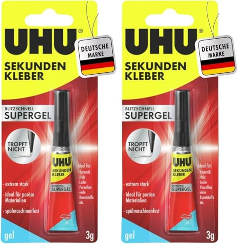 UHU Sekundenkleber extra stark | 3g Kleber Gel für präzises Kleben | Sekundenkleber Gel für Kunststoff, Metall, Holz, Keramik, Porzellankleber | Superkleber & Kunststoffkleber (Packung mit 2)