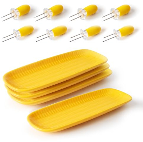 DOWAN 3D Embossed Corn on the Cob Dishes, Set of 4 with 8 Corn Cob Holders - 9.2 Ceramic Corn Trays, Oven & Dishwasher Safe - Ideal for Summer BBQ Gatherings (Vibrant Yellow)