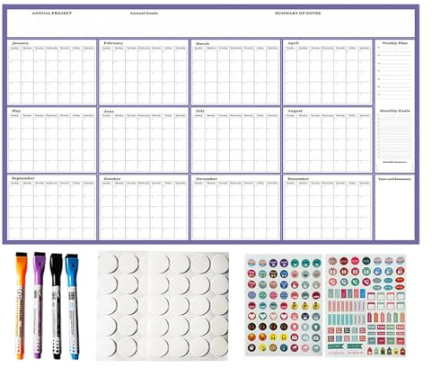 Calendario 2026 – borrado en con marcadores y pegatinas, planificador de pared de 12 meses, organizador académico reutilizable | para citas, agenda académica, vacaciones, planificación de Año