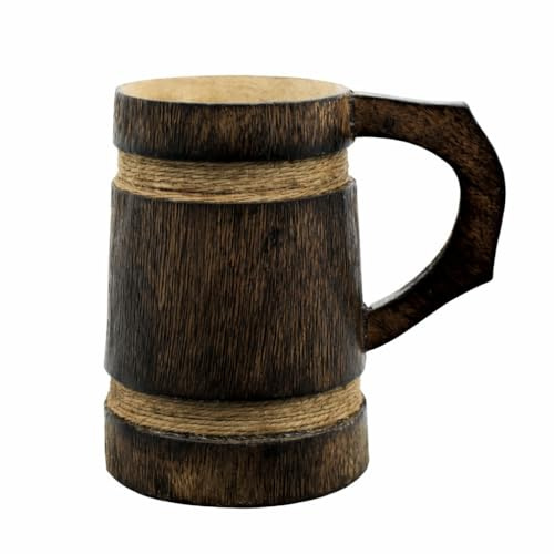 JRose Collections Wooden Tankard Mug 14cm Rustic Barrel Style Drinking Cup with Handle Medieval Viking Style Wood Beer Mug Decorative Tavern Steins AH1132