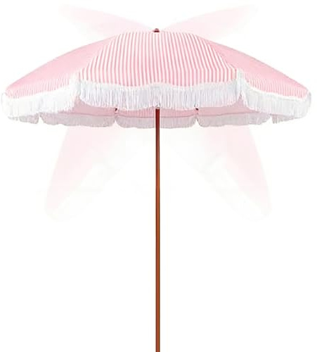UPF50+ Strandskydd 200cm, Vindbeständig Solskydd med 45° Lutning, Bärbar Randig Terrassskydd för Strand/Camping/Trädgård, 1.2M Faltbar Utomhus Solskydd med Fransar(Pink)