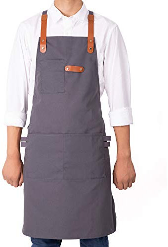 NEOVIVA Schweißerschürze mit Werkzeugtaschen, Flammhemmende und Hitzebeständig Arbeitsschürze mit Verstellbar Cross Back Gurte Schutzkleidung，Grau