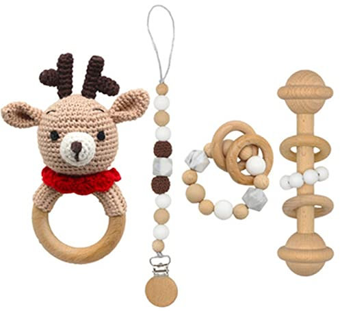 SWECOMZE Holzspielzeug Baby, Baby Rassel Spielzeug, Baby Beißring Holz Gehäkelte Greifling, Handmade Babyrassel Holzspielzeug, Geschenke zur Geburt für mädchen und Junge (Hirsch,#8)