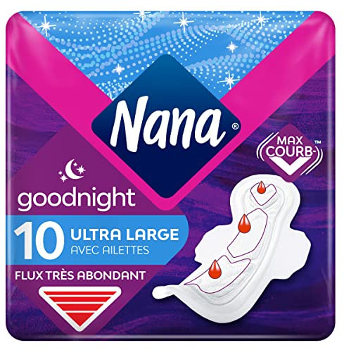 Nana Ultra Goodnight - Assorbenti igienici con alette – Flusso molto abbondante – 10 asciugamani in sacchetto singolo