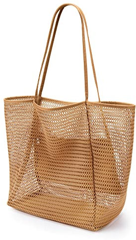 KALIDI Strandtasche Groß Damen Badetasche Mesh Umhängetasche mit Reißverschluss Innentasche, Faltbare Handtaschen Einkaufstasche Beach Tote Bag für Strand Familie Shopper Reise - 38x35x16cm