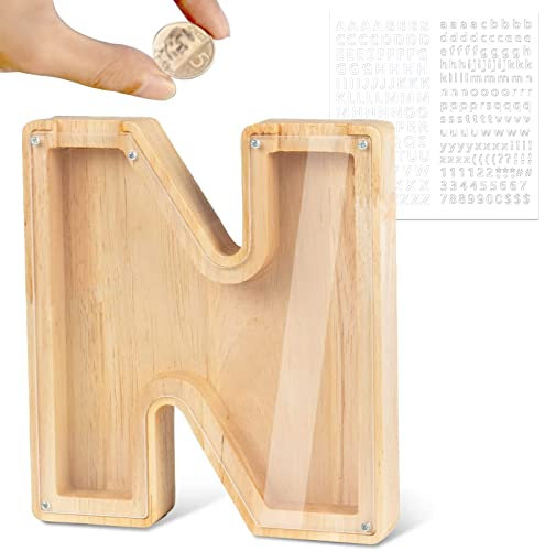 LEcylankEr Spardose Kinder Personalisierte A-Z Alphabet Sparbüchse Holz Spardose Dekoration Kreative groß Sparschwein als Geschenke für Geburtstag, Weihnachten und Thanksgiving (N)