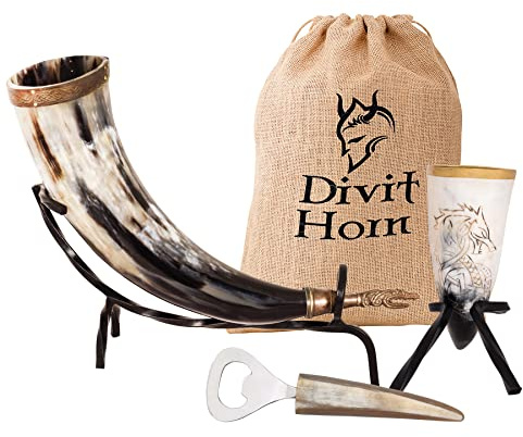 Divit Horn Auténtico cuerno para beber vikingo, trago de cuerno, abridor de botellas (juego de 3 piezas) | Auténtico cuerno medieval para beber | Bolsa de regalo de lino incluida Dragón, pulido 16 oz.