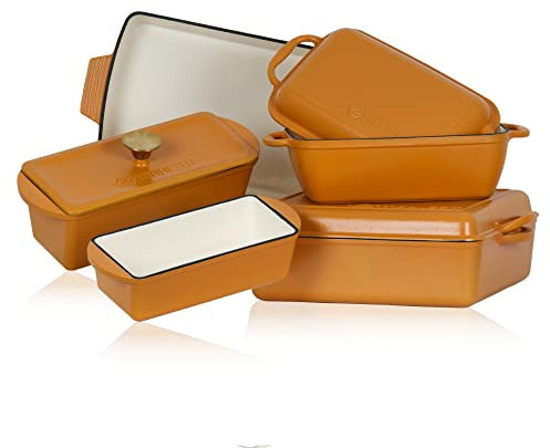 Mahlzeit Bräterset 5-teilig | Gusseisen Bräter und Auflaufform | Bratentopfset emailliert, Kochset | Bratenset, Bräter set, Topfset | Schmorttopf, Bratentopf, Backset, Auflaufformset (Sunny Orange)