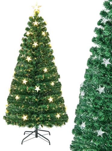 TANGZON 5FT/6FT Fiber Optic Christmas Tree, Pre-Lit Xmas Tree with 180/230 Branch Tips, 21/30 Warm White Star Lights, 8 Lighting Modes & Foldable Metal Stand, Artificial Pine Tree Holiday Decor (5FT)