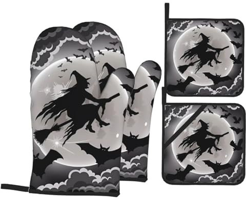 Ofenhandschuhe und Topflappen mit Halloween-Hexen-Druck, hitzebeständig, Ofenhandschuhe und heiße Pads, wasserdichter Kochhandschuh, Küchen-Topflappen für Koch, Backen, Grillen, Grillen, Grillen, 4