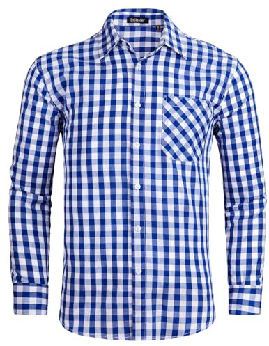 Enlision Checked Shirt Mens Long Sleeve Plaid Work Shirts for Men Smart Casual Button Down Tartan Lumberjack Top with Pocket Regular Fit, Blue and White, L