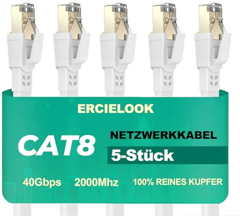 Ercielook Lan Kabel 1,5m-5 Stück - Hochgeschwindigkeits 40 Gbit/s Cat8-Netzwerkkabel für den Außen- und Innenbereich, wetterfest, UV-beständig für Router/Gaming/Modem