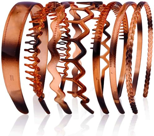 AHONEY 7 Pack Brown Headbands for Women Mens Plastic Headbands with Teeth Non Slip Hairbands for Women's Hair Accessories Comb Headband Diademas Para Mujer (Amber)