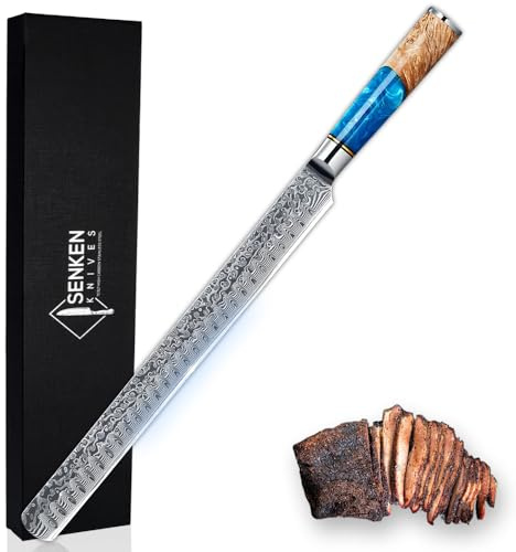 SENKEN 12 Damascus Steel Brisket Knife - Tsunami Collection - 67-Layer Japanese VG10 Steel with Blue Resin Burl Wood Handle - Ultra Sharp Carving Knife for Brisket, Meat, Roasts, and Large Fruit
