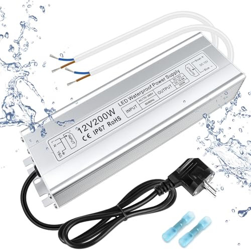 inShareplus LED Trafo 12V 16,6A 200W IP67 Wasserdichter Outdoor-Treiber, AC 170-265V zu DC 12 volt Niederspannungs-Transformator, 12V Netzteil für LED-Licht, Computerprojekt, Außeneinsatz