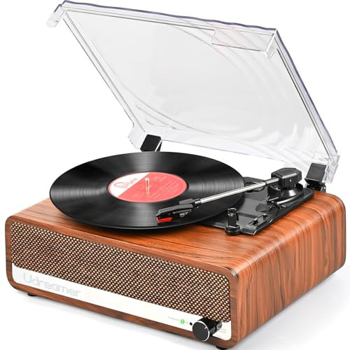 Udreamer Plattenspieler mit Lautsprecher Bluetooth Plattenspieler Vintage Vinyl Player Unterstützt USB AUX-Eingang Kopfhörer RCA Line-Out 3 Geschwindigkeiten Riemenantrieb Spiegeldesign Orange Gelb
