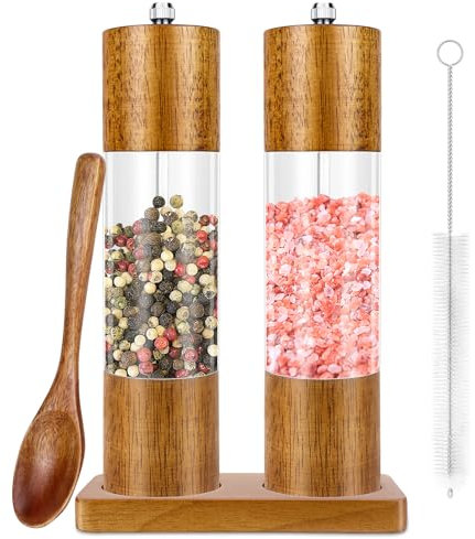 Moulin a Poivre Manuel en Bois, Moulin à Épices avec Broyeur en Céramique Réglable, Lot de 2 Salière et Poivrière Cuisine | Moulin à Poivre | Moulin a Sel, pour Sel de Mer, Piment, Poivre (8 Pouces)