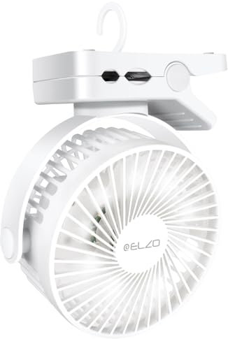 ELZO Ventiladores de sobremesa, Camping USB 12000mAh Silencioso Portátil Personal Recargable Ventilador de Mesa con 3 Velocidades Luz LED, Rotación de 360°, Control Remoto para Oficina Cochecito