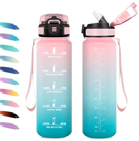 Borraccia Sportiva 1L, Borraccia con Cannuccia, a Prova di Perdite, Facile Pulizia, Bottiglia Acqua Motivazionale con Indicatore del Tempo, per Campeggio, Ciclismo, Scuola, Ufficio, Lavoro, Gym