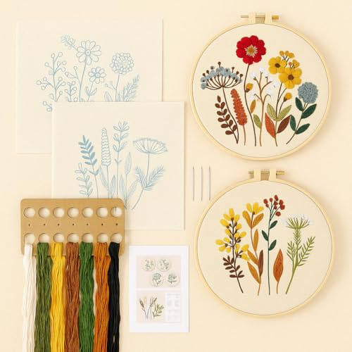 DaLareira Kit de Bordado Floral para Adultos – DIY Relajación y Mindfulness con Motivos de Flores – Bastidor, Hilos con colores DMC, Agujas y Guía Paso a Paso