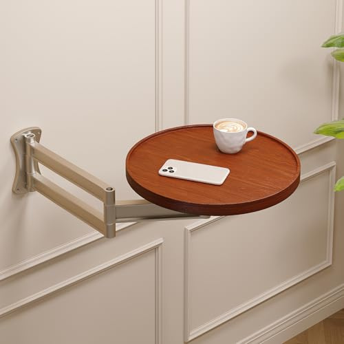 Vanpoo Wall Mounted Folding Table,Walnut Bedside Shelf Wall Mount Floating Wall Desk for Small Spaces,11.8 Round Wood TableTop with Aluminum Alloy Brackets,Retractable Fold Down Nightstand
