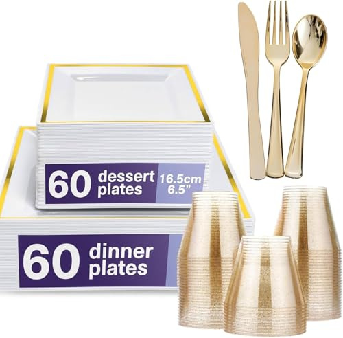 MATANA 360 Stück Premium Weiße Quadratische Plastikteller mit Goldrand (60x Essteller, 60x Dessertteller), 60 Klare Hartplastikbecher (255 ml) & 180 Elegantes Goldbesteck-Set (Messer, Gabeln & Löffel)