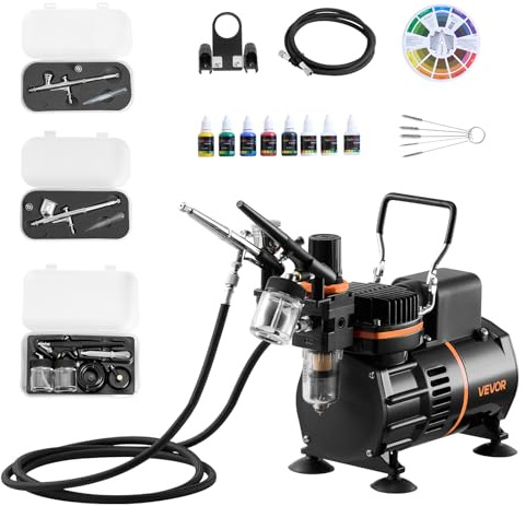 VEVOR Kit Aérographe avec Compresseur d’Air 1/6 HP, Compresseur Aérographe avec 3 Pistolets à Double Action,3 Buses, Tuyau, Peinture Acrylique, 2 Ventilateurs, Décoration Pâtisserie Onglerie