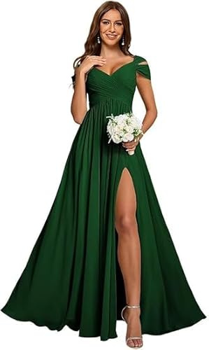 ZOOYYUE Damen Off Shoulder Chiffon Brautjungfernkleider Lang - Formeller A-Linie V-Ausschnitt Lang Abendkleider Elegant Für Hochzeit Festliche Kleider Mit Schlitz