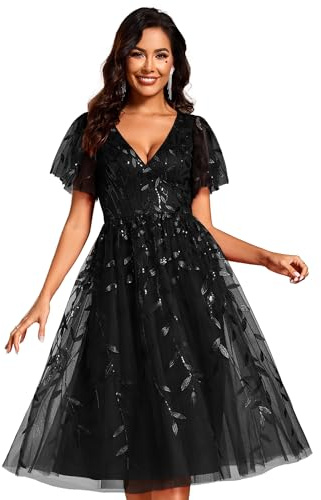 Ever-Pretty Abito da Cocktail Midi da Donna con Paillettes e Tulle Scollo a V Maniche Corte Nero 48
