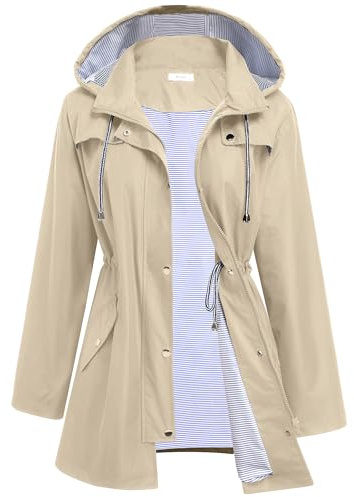Hount Women Rain Jacket Lightweight Waterproof Trench Coat Hooded Outwear Jackets Casual Long Raincoat Plus Size,XXL,Khaki