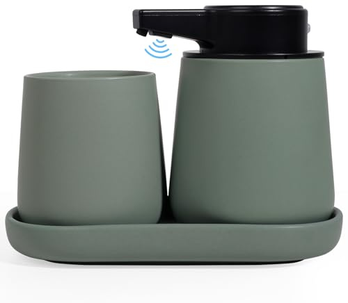 Autumnlife Badezimmer Set 3 Teilig, Automatischer Seifenspender 350ml Wiederaufladbar, Zahnbürstenbecher 280ml & Tablett, Modernes Badezimmer Set Minimalistisch Grün, Bad Zubehör Waschbecken Set