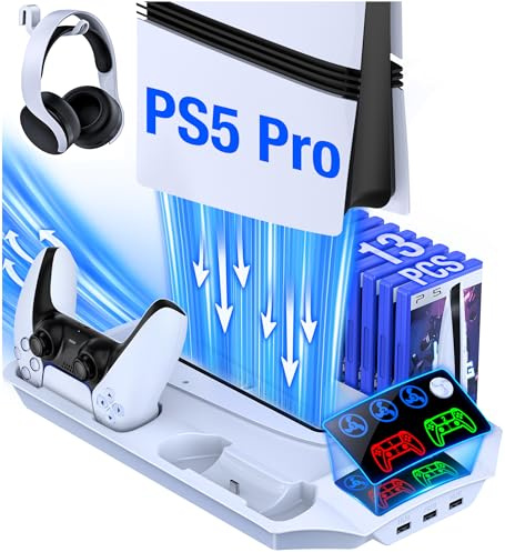 PS5/Slim/Pro Kühlstation mit Dual-Controller-Ladegerät, 3-stufigem Turbolüfter, USB-Hub, Aufbewahrung für Spielkarten und Headset-Halterung für PlayStation 5
