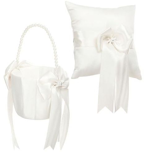 STOBAZA Blumenmädchen Korb mit Perlenbesatz Ringkissen für Hochzeit aus Stoff für Trauungen und Verlobungsfeiern