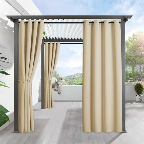 RYB HOME Outdoor Curtains for Patio Waterproof Block Sunlight Thermal Insulated Privacy Assured Thick Outside Curtains for Porch, Gazebo, Pergola, W52 x L84, Biscotti Beige, 1 Panel