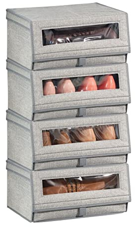 mDesign 4er-Set Schuhaufbewahrung aus Kunstfaser (groß) - stapelbare Schuhbox mit Sichtfenster, Klettverschluss und Klappdeckel - praktische Aufbewahrungsbox im Schrank oder Regal - Grau, 4er Pack