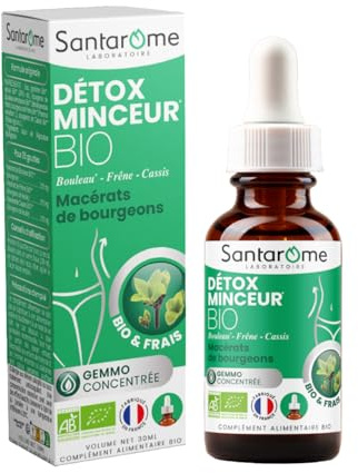 SANTAROME Gemmo Détox Minceur Bio - Drainage & Minceur - 30 ml - France | Trio de bourgeons : Bouleau, Frêne, Cassis - Bio, frais & cueillis à la main en France - 35 gouttes par jour pures ou diluées