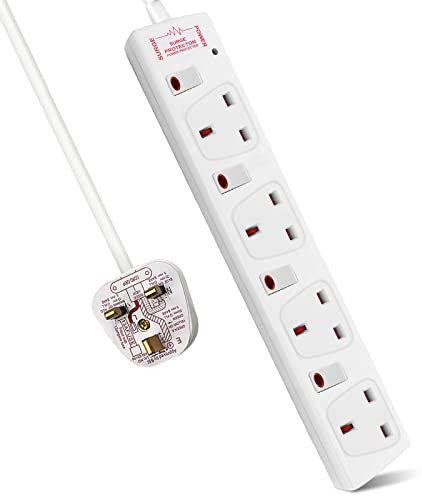 ExtraStar Extension Lead Surge Protection 4 Way Outlets, 13A Power Strip Wall Mounted with Individual Switches, Multi Socket Extension Cable UK Plug for Home and Office (1M, White)
