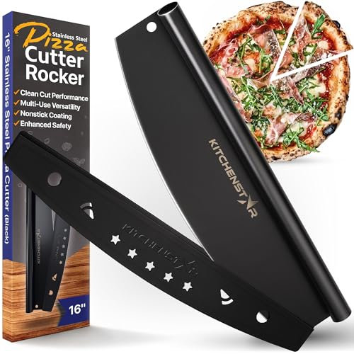 KitchenStar Pizzaschneider, scharfes Edelstahl-Schneidemesser – Wippen-Stil mit Klingenabdeckung,Hacken und Scheiben perfekte Portionen + spülmaschinenfest – Premium-Pizzaofen-Zubehör