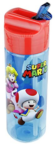 p:os 33165 Gourde pour Enfants, Environ 540 ML, Design Transparent avec Motif Super Mario et Paille intégrée à Rabat, en Plastique, sans BPA et phtalates