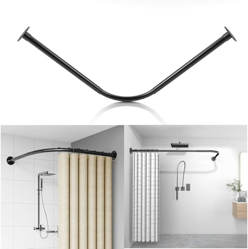 Duschstange Ohne Bohren Schwarz L-Form Duschvorhanghalterungen Gebogen L Form Badewanne Edelstahl Multifunktionale Stretch Gardinenstange90 to 130cm x 90 to 130