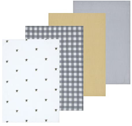 Sleepdown Bubble Bee Printed & Waffle Tea Towels 100% Cotton Half Panama - Super Absorbent Luxury Hotel Quality Kitchen Towel - Pack of 4 - White - 46cm x 65cm