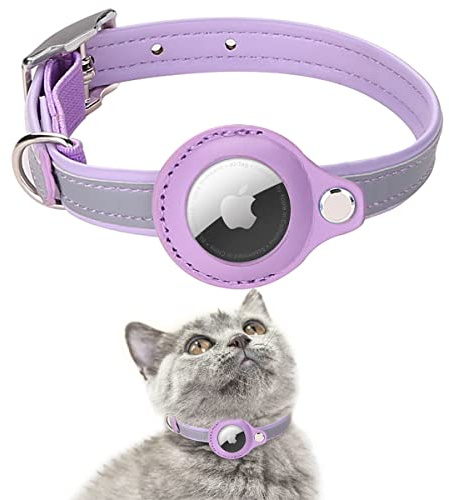 AgoumLux Airtag Katzenhalsband Reflektierend Air Tag Katze Halsband Leder für GPS Tracker Integriertes Verstellbarer Collar, Violett, S