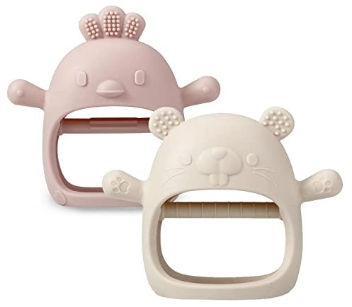 PandaEar Beißspielzeug aus Silikon für babys | Beißhandschuh zum Saugen | Schnuller zum Kauen, zur Schmerzlinderung (Weiß/Rosa)