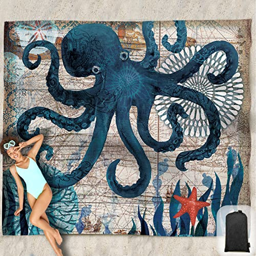 Hiwoss Beach Blanket Waterproof Sandproof Oversized 95”x 80”,Sand Free Beach Mat with Corner Pockets,Portable Mesh Bag for Beach Festival,Picnic,Travel and Outdoor Camping (Octopus)