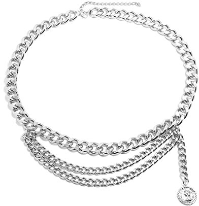 Kettengürtel Punk, Belly Chain Silber Polierte Kette mit Münze Karabinerverschluss Damen Bauch Ketten Körperschmuck 88cm