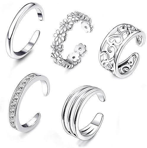 LENTQIUTT 5 Pcs Zehenring, offener Ring, 925 Sterling Silber Ring, Damen, offener verstellbarer Bandring, Schmuckset (Silber)