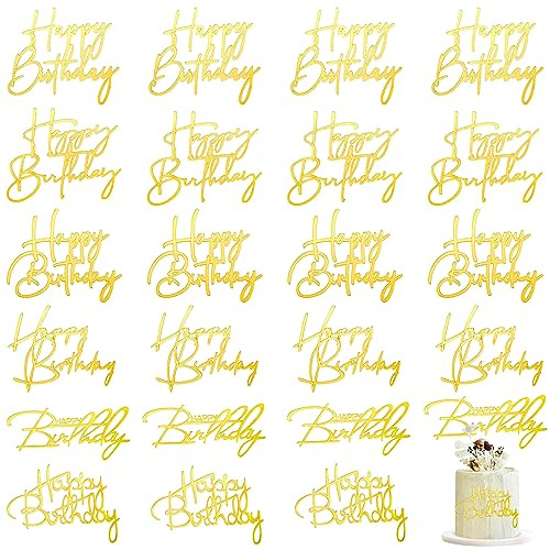 Barydat 24 Pieces Gold Happy Birthday Cake Toppers Mirror Acrylic Cupcake Topper Happy Birthday Sign for Cake Side Cupcake Decorations, 6 Styles